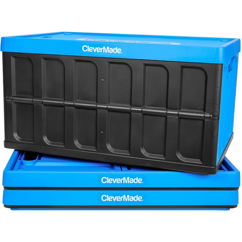 Collapsible Storage Bin (With Lid), 3PK - 62L (16 Gal) Folding Plastic Stackable Utility Crates, Holds 100Lbs Per Bin - Solid Wall Clevercrate For Organizing, Storage, Moving