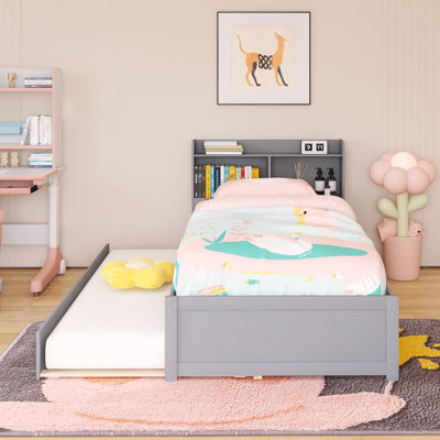 Wood Frame Twin Size Bed With Trundle,Bookcase
