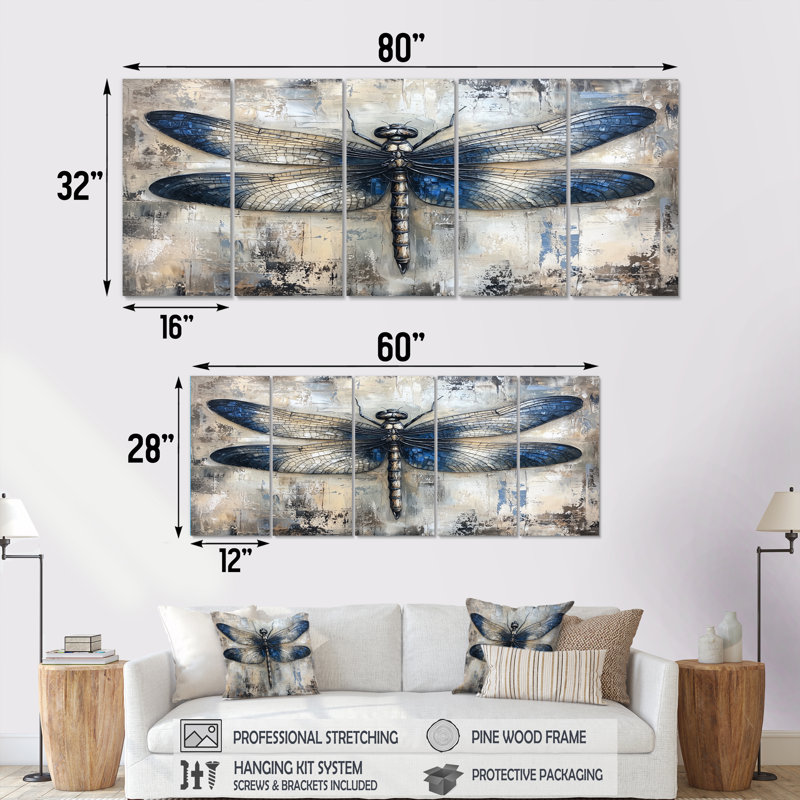 Libellule bleue au clair de lune III - ensemble de reproductions d'art animalières, H 28 po x l 60 po