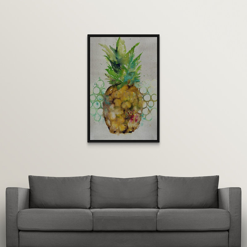 « ananas rain », peinture sur toile, Cadre flottant noir, H 37,7 po x l 25,7 po x p 1,75 po
