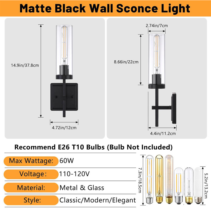 Appliques murales de salle de bain en métal avec abat-jour en verre transparent, Noir mat