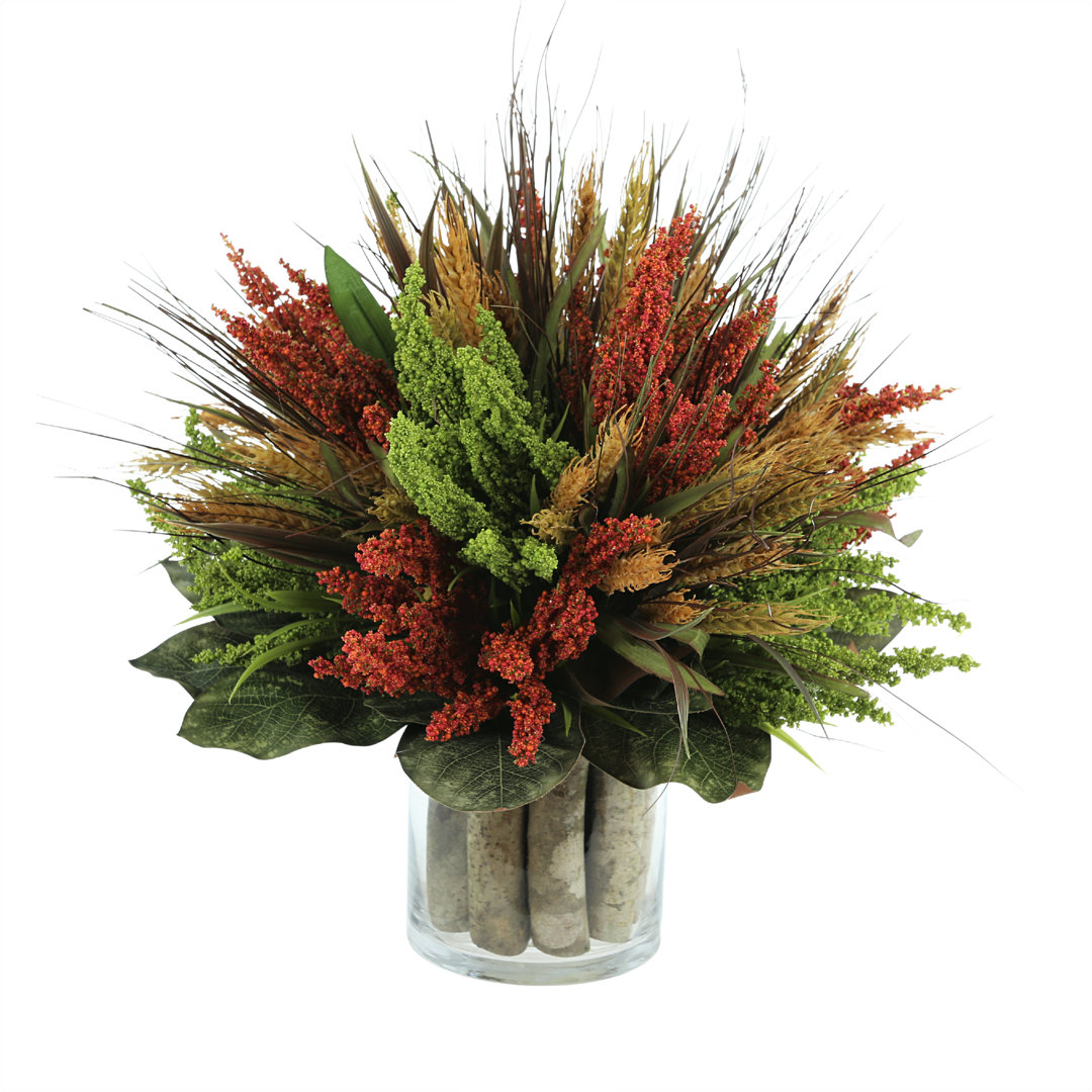 Heather and Wheat Fall Arrangement in Glass Vase with Birch Primrue