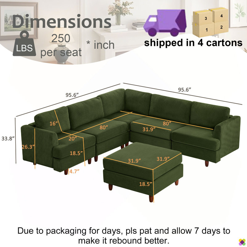 Wartow 95.6"W Modular Corduroy L-shape U-shape Sectional, Green Corduroy