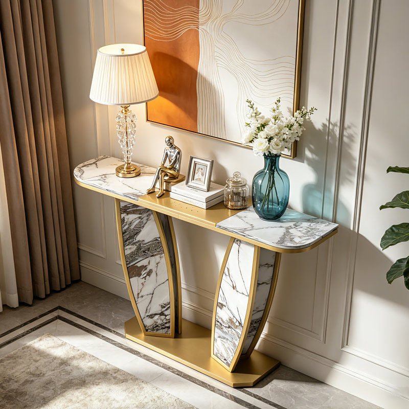 Table de canapé moderne pour le salon, table de vestibule pour l'entrée, blanc et or