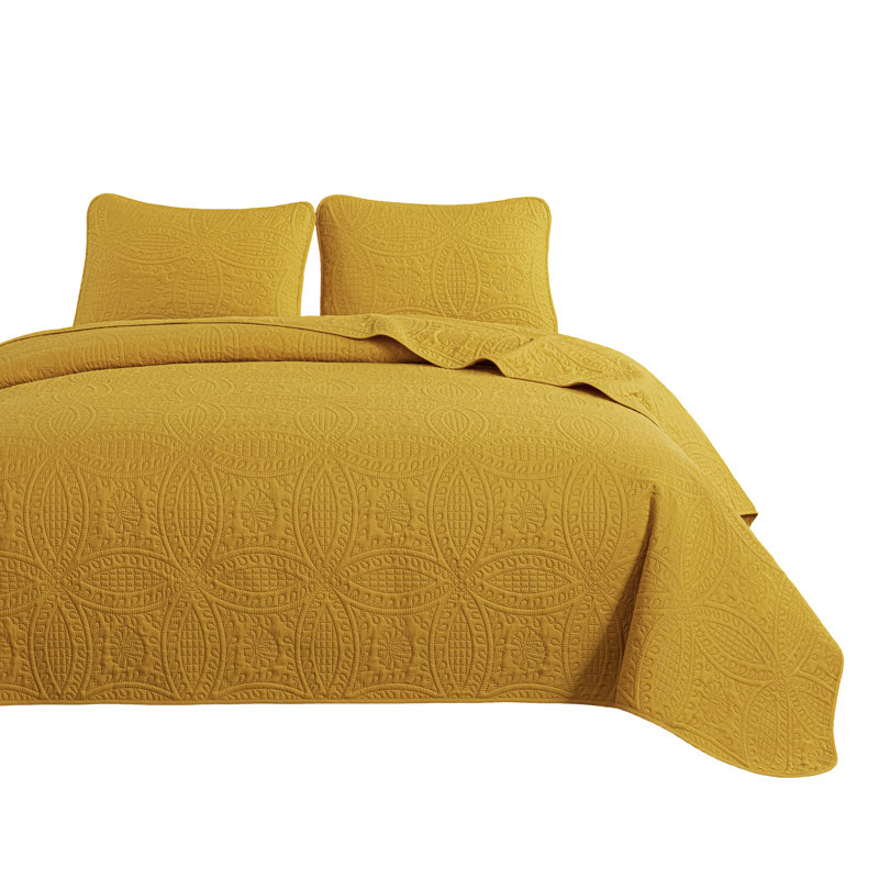 Austin Microfiber Reversible 3-Piece Coverlet / Bedspread Set, Queen Coverlet / Bedspread + 2 Standard Shams, Mustard