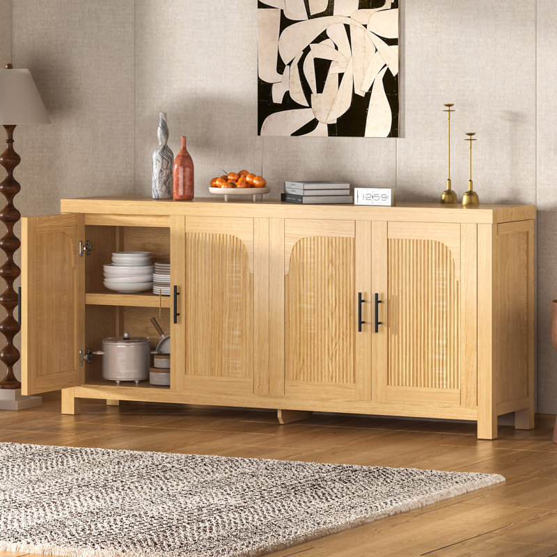 71-inch Sideboard Buffet Cabinet with 4 Fluted Doors, Adjustable Shelves & Cable Management, Light Oak