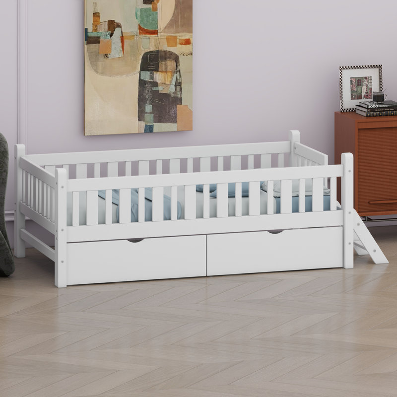 Base de lit plateforme pour enfants avec garde-corps et tiroirs intégrés, White