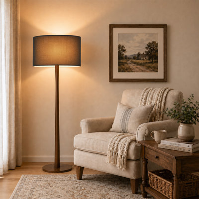 Lampe sur pied minimaliste moderne en bois de noyer naturel 61,4 po avec abat-jour tambour en lin noir, certifiée cULus pour les tables d'appoint de salon, les coins de chambre à coucher ou les salles d'étude