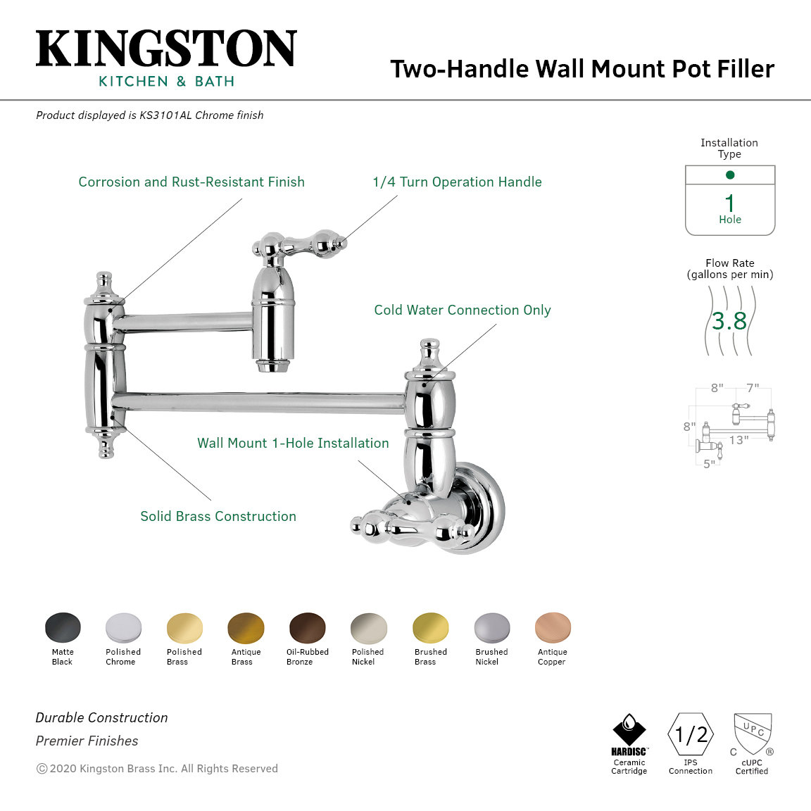 Kingston Brass Restoration Two-Handle 1-Hole Wall Mount Pot Filler Faucet, Brushed Nickel