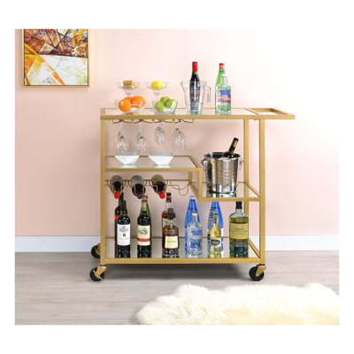 Chariot de service à miroir Adamsen avec finition champagne - Chariot de cuisine roulant avec compartiments ouverts, porte-bouteilles de vin et roulettes