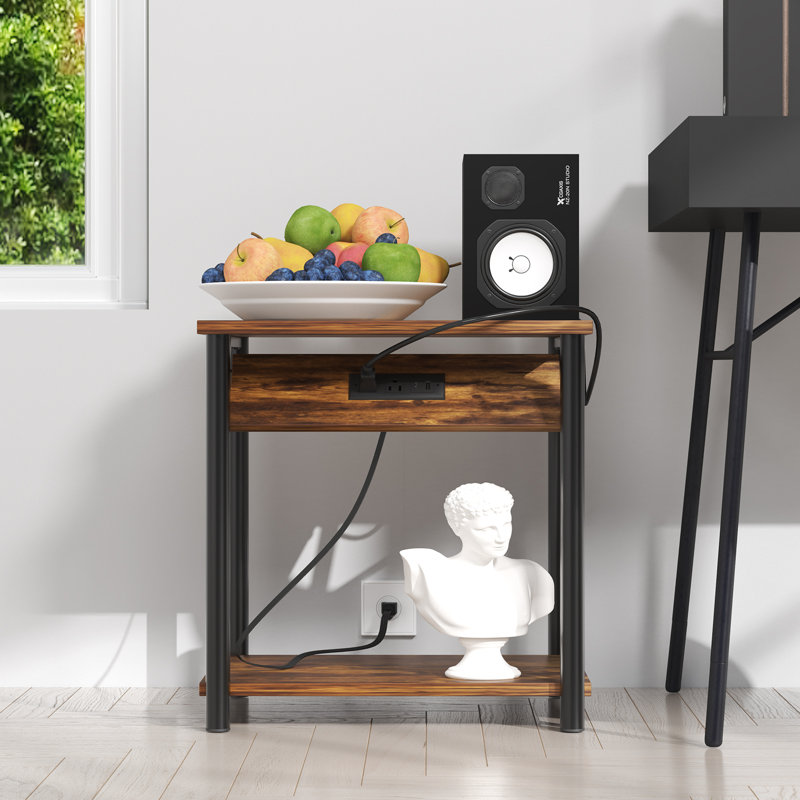 Simple Bedside Table with Open Storage Shelf, Charging Station, Easy to Assembly, Brown