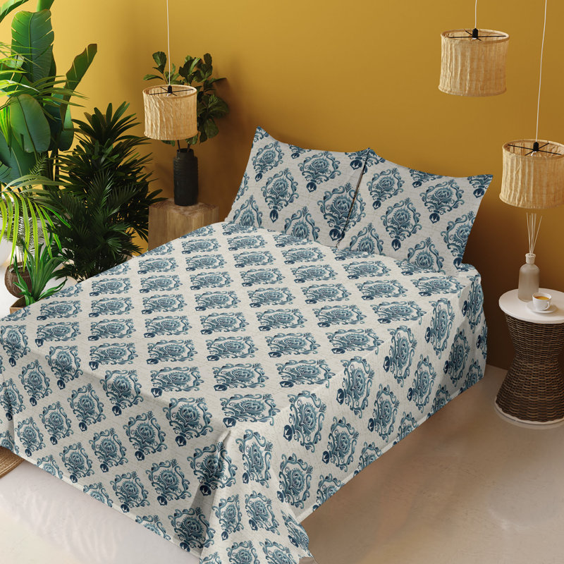 Ambesonne Watercolor Botany Sheet Set 4 Pcs Retro Boho Bloom, King Sheet Set with 2 Pillowcases, Tan Petrol Blue Damask