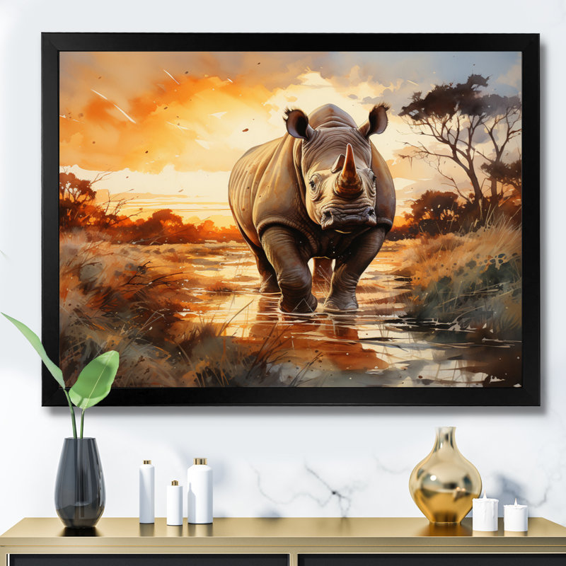 Rhinocéros «A Vast Sunset» - impression, Cadre simple noir, H 12 po x l 20 po x P 1 po