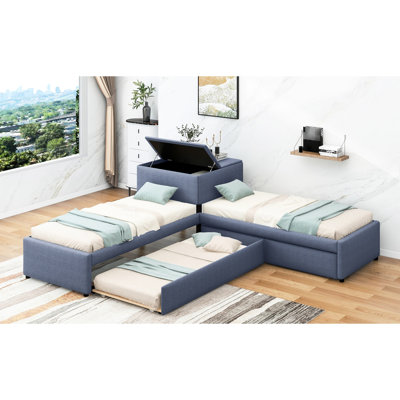Lit simple tapissier en forme de L avec tiroirs - Lit gigogne et bureau intégré, bureau de rangement en lin gris pour plus de confort pouvant accueillir plusieurs personnes dans un espace limité