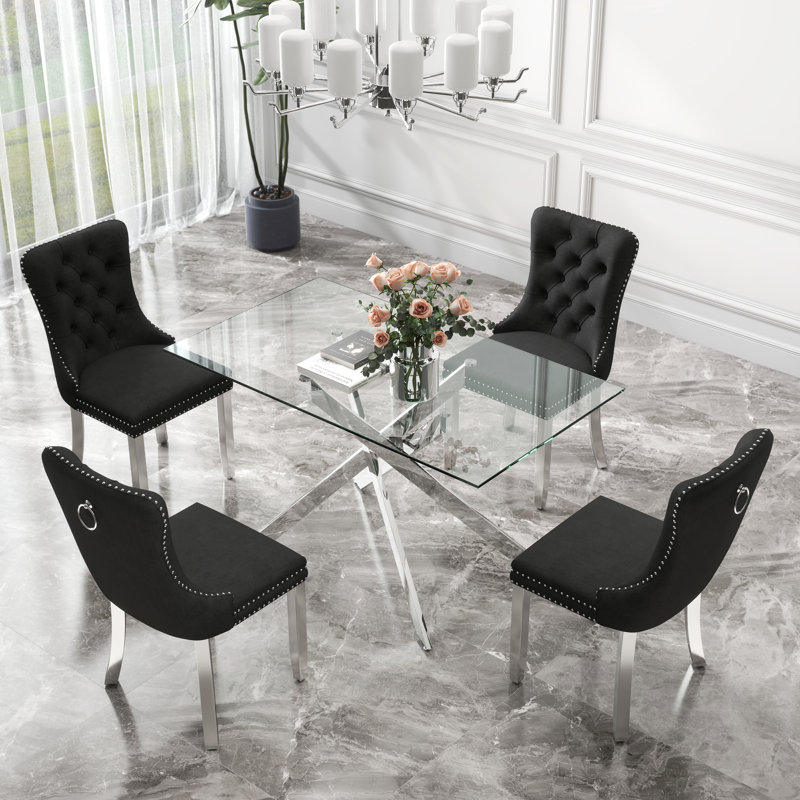 Rectangle Tempered Glass Dining Table Set, Luxury Dining Table with Tufted Velvet Dining Chair for Dining Room, Black, Silver