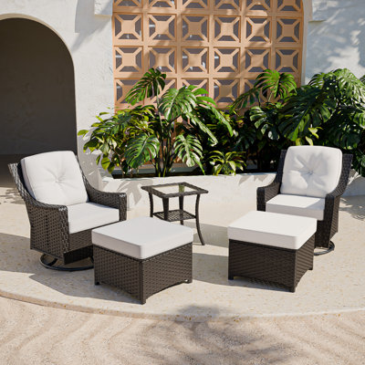 5-Piece Outdoor PE Brown Wicker Rattan Wide Armrest Swivel Glider Seating Group Patio Conversation Set with Olefin Thick Cushions by Red Barrel Studio