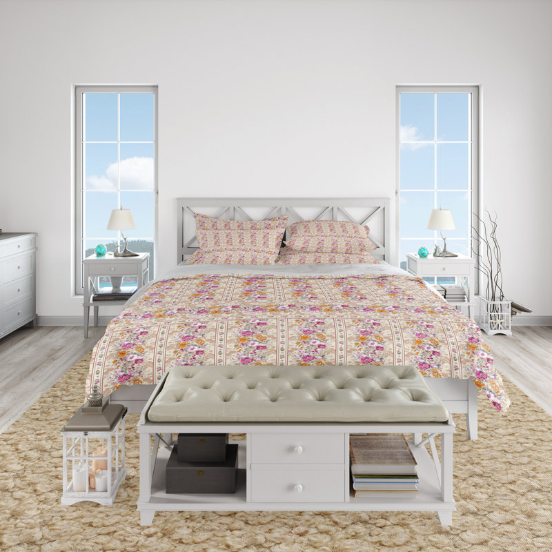 Polyester Striped and Floral Duvet Cover Set, Twin Duvet Cover + 1 Standard Sham