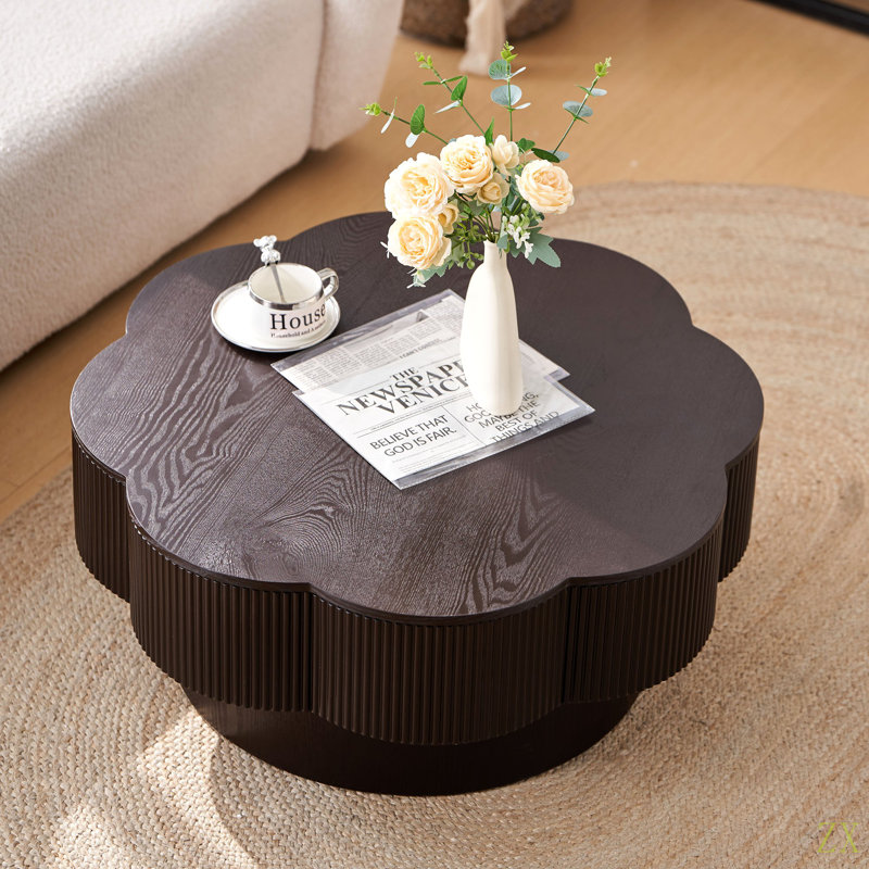 Table basse 31,50 "en forme de fleur moderne, table basse en forme de fleur de prunier avec rangement - placage, pour salon, appartement, bureau, assemblage facile
