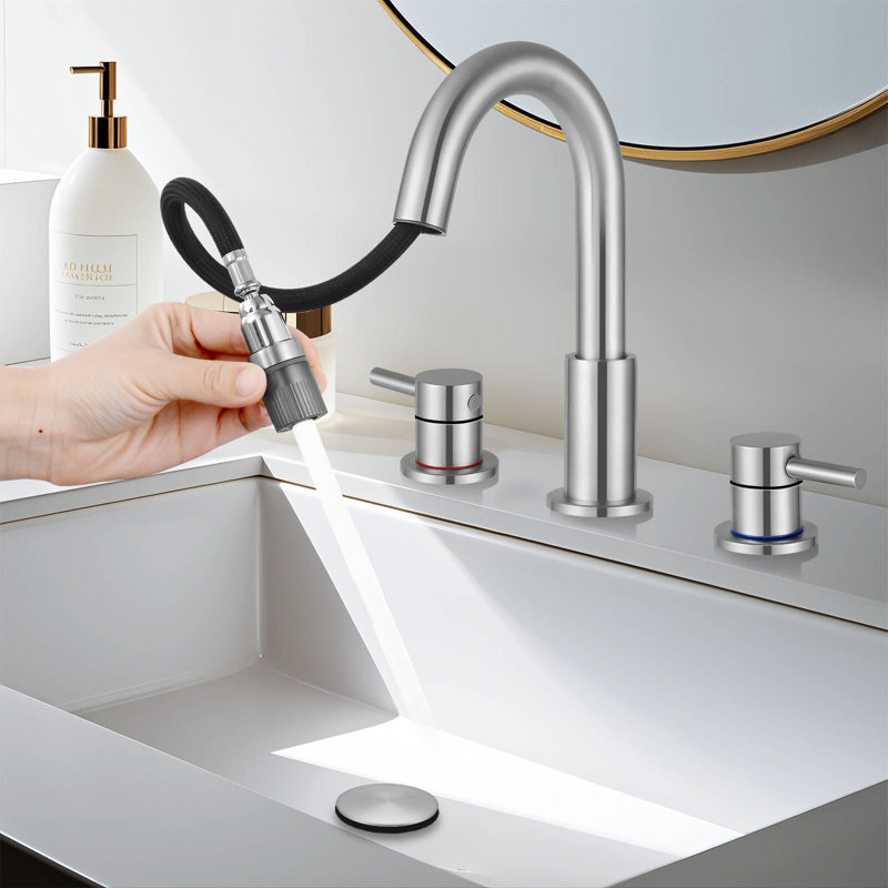 Widespread 2-function Bathroom Faucet with Pull Down Sprayer, with Drain Assembly, Brushed Nickel