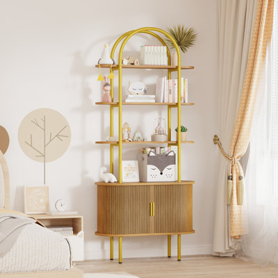 Ã‰tagÃ¨re arquÃ©e cannelÃ©e de 71 po de hauteur avec portes coulissantes, meuble d'Ã©tagÃ¨re moderne de style milieu du siÃ¨cle en mÃ©tal courbÃ© avec espace de rangement et patins rÃ©glables, Ã©tagÃ¨re ouverte Ã  4 niveaux pour la maison et le salon