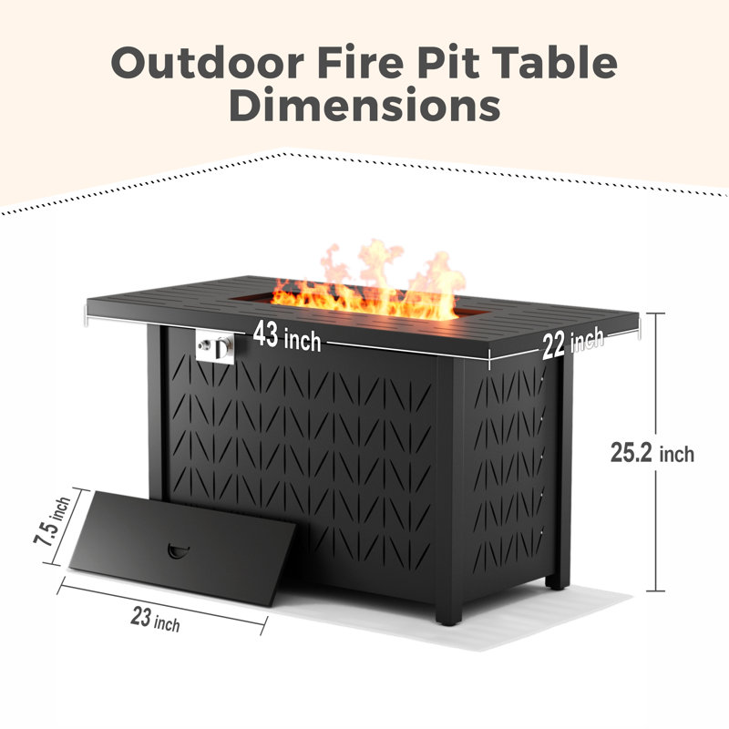 43" Propane Gas Fire Pit Table 50,000 Btu, Etl Certifed With Lid And Volcanic Rock Filler