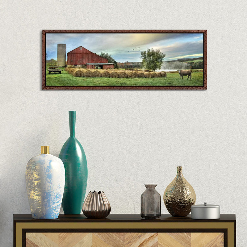 Hay Harvest by Lori Deiter - Panoramic Print on Canvas, Classic Brown Wood Framed, 30.48cm H x 91.44cm W x 3.81cm D