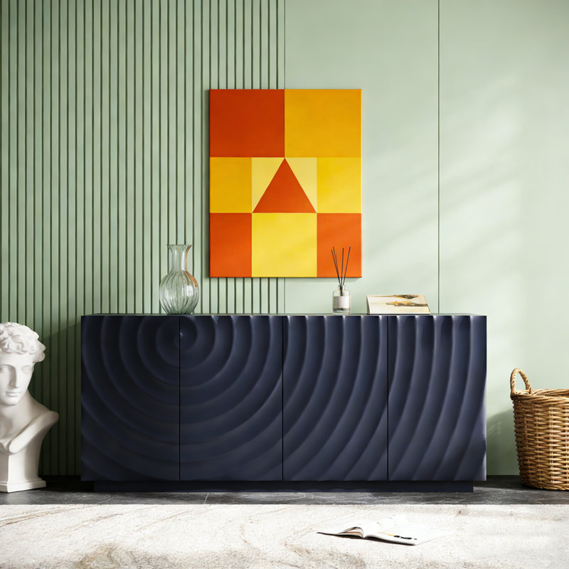 Buffet moderne à 4 portes avec texture ondulée 3D et rangement spacieux pour le salon ou la cuisine., Marine
