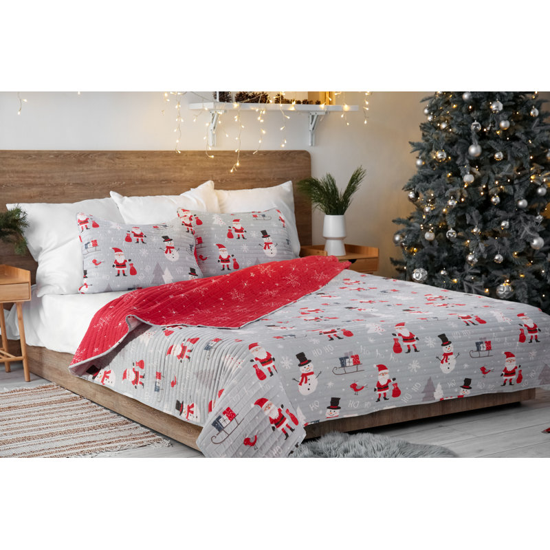 King Gray Reversible Microfiber Christmas Quilt Set