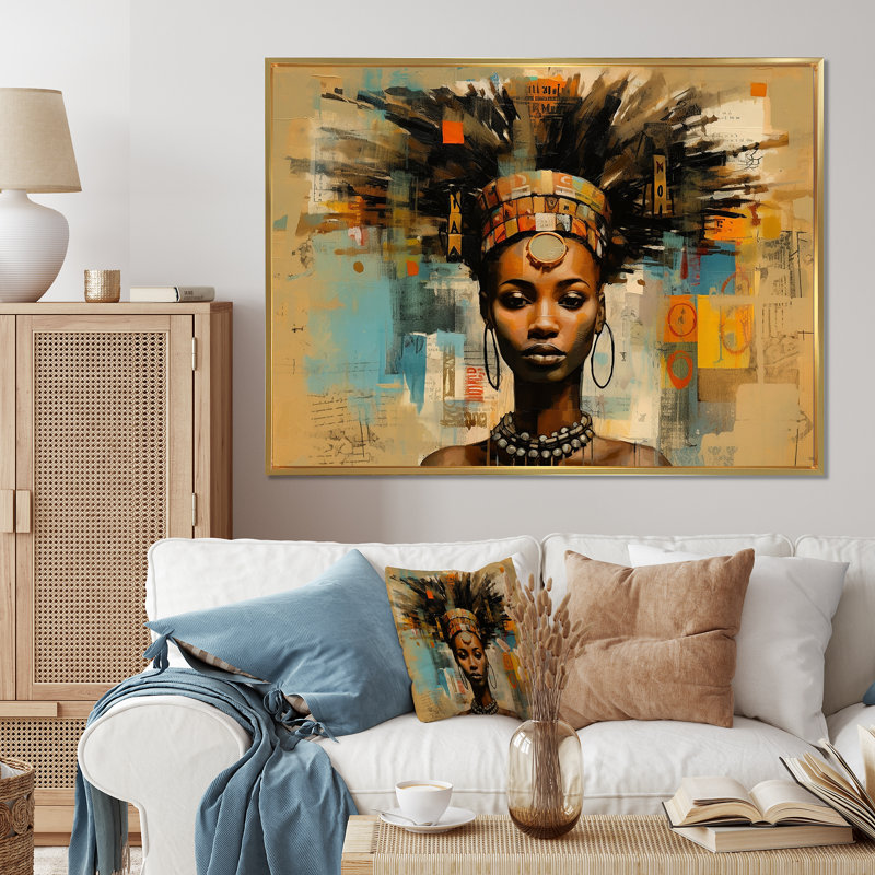 Tribal déesse portrait africain contemporain, H 16 po x l 32 po x P 1 po, Cadre flottant doré