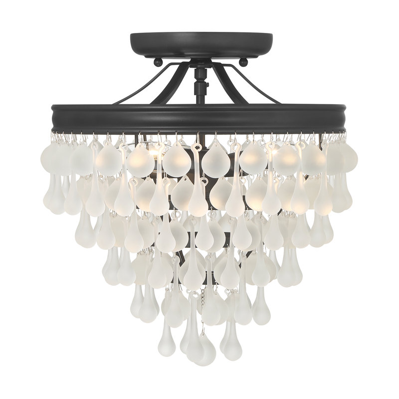 Matte Black Frosted Glass Teardrop 3-Light Semi Flush Mount