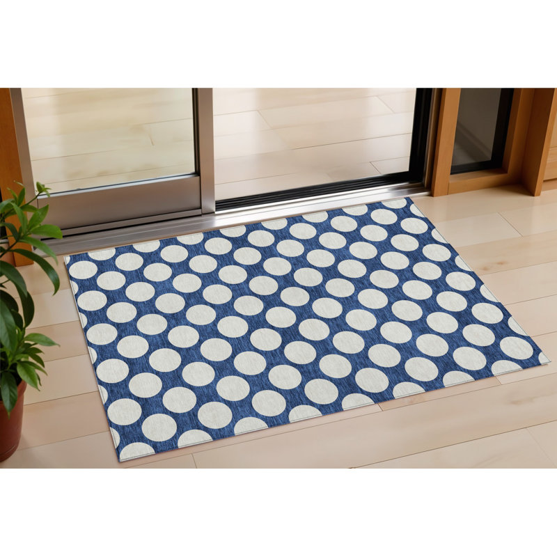3' X 5' Navy Blue And Ivory Polka Dot Washable Indoor Outdoor Area Rug