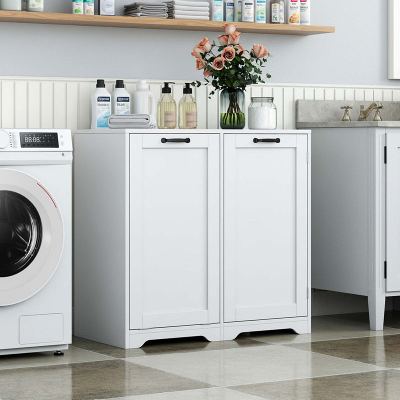 Freestanding Laundry Cabinet With Doors, Tilt Out Hamper, Adjustable Shelf, White Storage Solution