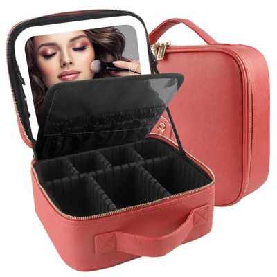 Organisateur de sac de voyage avec miroir éclairé 3 couleurs Scénario Organisateur de sac à cosmétiques avec diviseurs réglables Rangement de maquillage pour femmes, trousse à accessoires et outils de maquillage