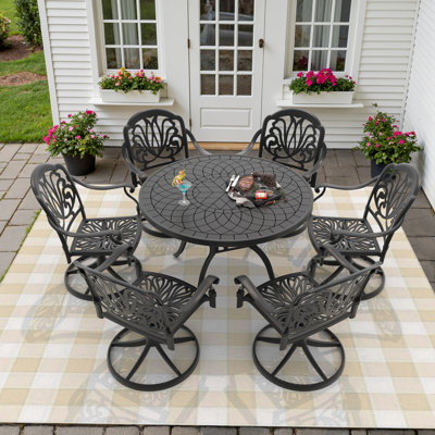 Ensemble de salle à manger d'extérieur 7 pièces, table ronde de 120 cm et 6 chaises pivotantes avec coussins bruns
