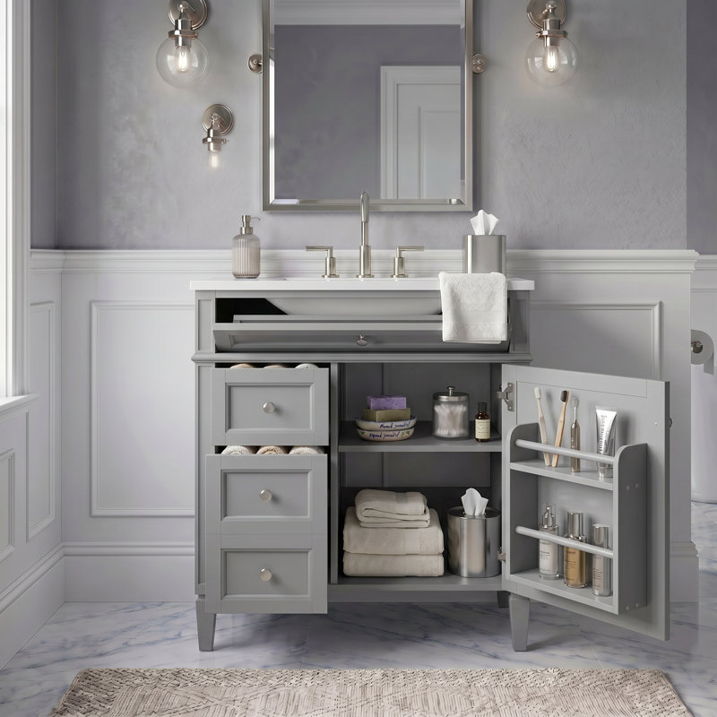 Meuble-lavabo gris 30 po avec lavabo supérieur, meuble-lavabo simple moderne à 2 tiroirs et tiroir basculant, grey, 30inch