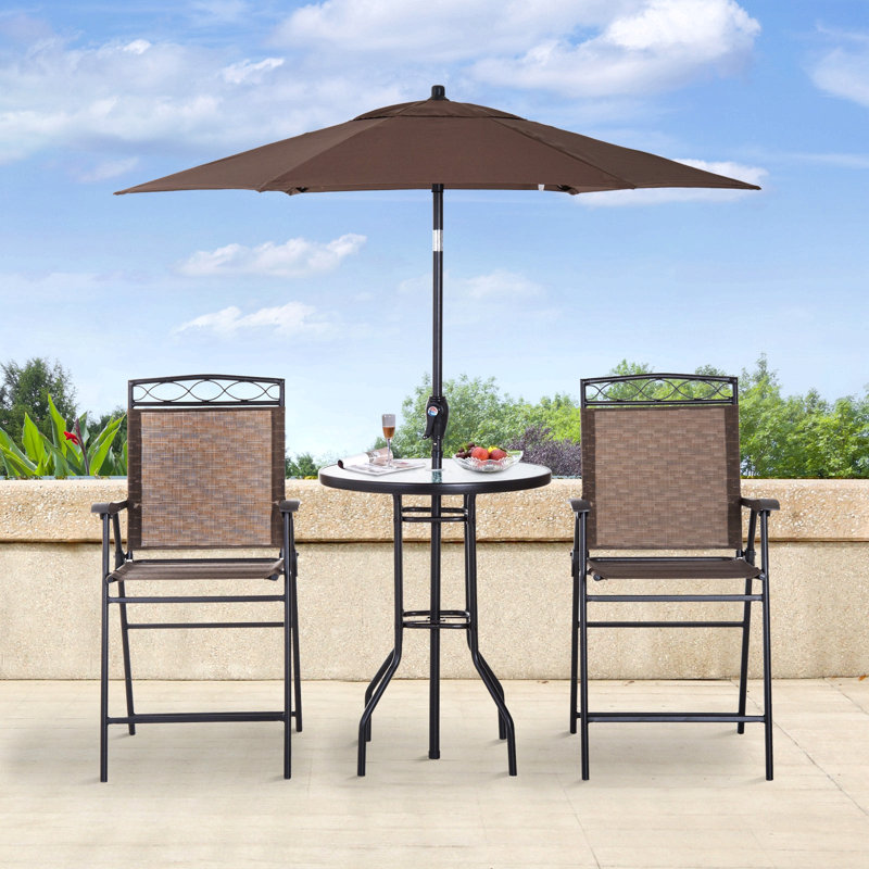 4 Piece Outdoor Patio Dining Furniture Set, 2 Folding Chairs, Adjustable Angle Umbrella, Wave Textured Tempered Glass Dinner Table