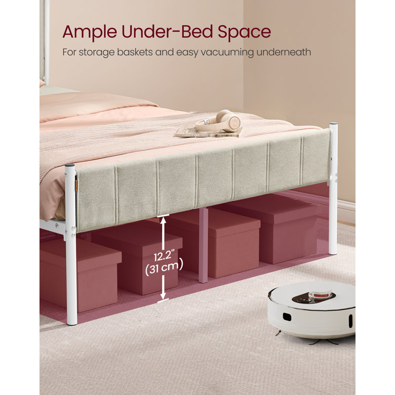 Double Bed Frame with Upholstered Headboard, Beige