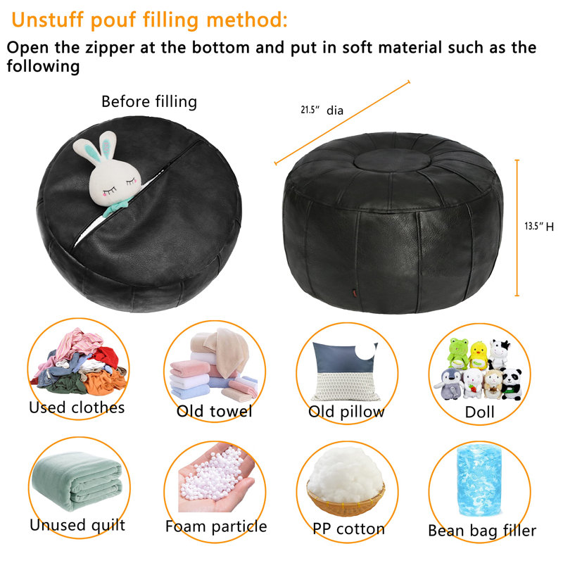Izaiya Faux Leather Pouf, Black Faux Leather