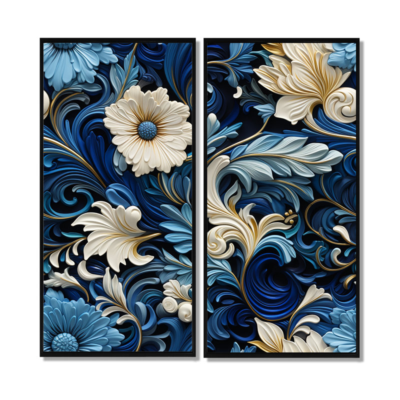 «Cobalt Blue Scrollwork Swirls», motif victorien sur toile florale florale, 32" H x 32" W, Impression encadrée flottante