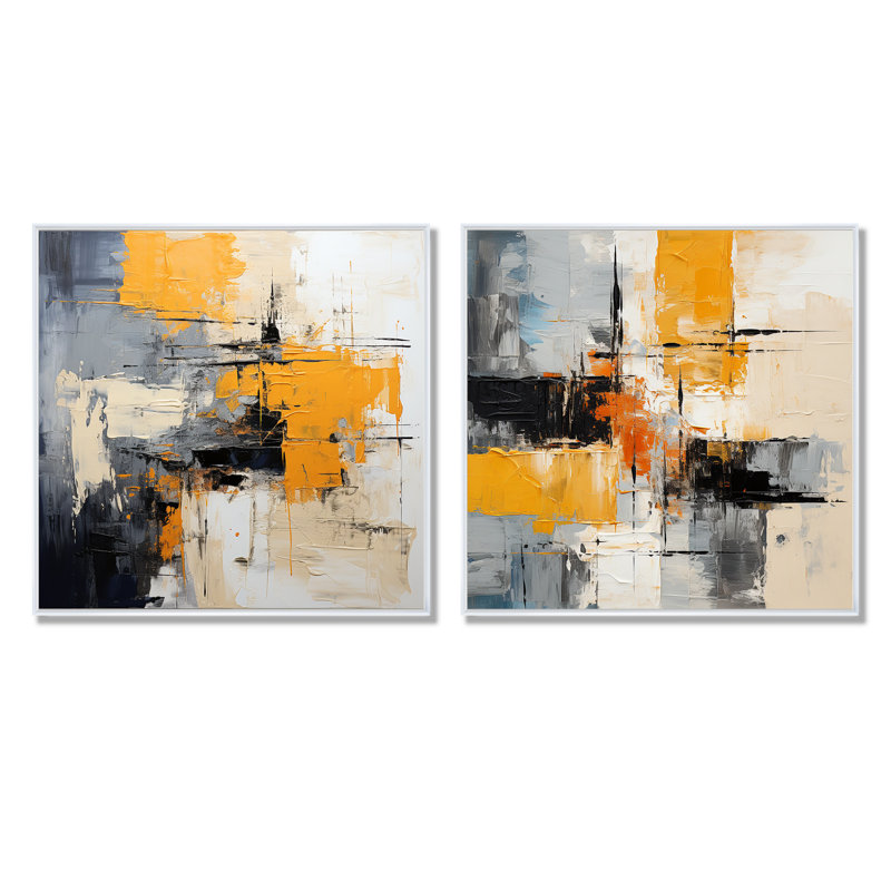«Gray and Yellow Paint Elegance I», ensemble de 2 reproductions d'art sur toile, Cadre flottant blanc