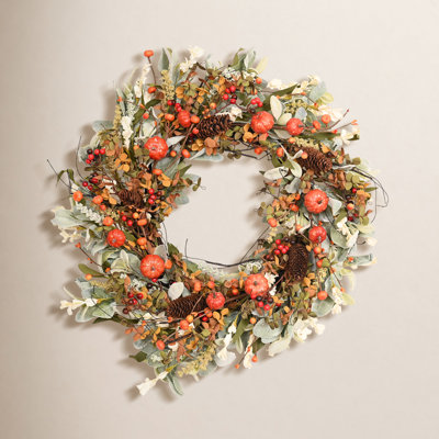 24" Artificial Fall Pumpkin Mini Eucalyptus Lambs Ear Pinecone Harvest Wreath for Front Door Hallowmas Thanksgiving Decor