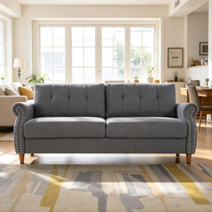 Transitional Button Tufted Loveseat Sofa, Rolled Arm with Nailhead Trim Polyester Fabric 2-Seater Couch, Solid Pine Frame Round Rubber Legs for Living Room, Multi Colors Option