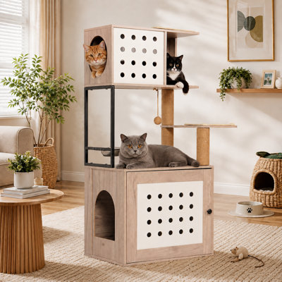 Arbre à chat multifonctionnel et bac à litière intégré avec bol à chat, poteau à griffes, plateforme de saut et jouet pour chat amovible - Mobilier pour animaux de compagnie en bois, dimensions: 21,5 po x 11,6 po x 47,5 po