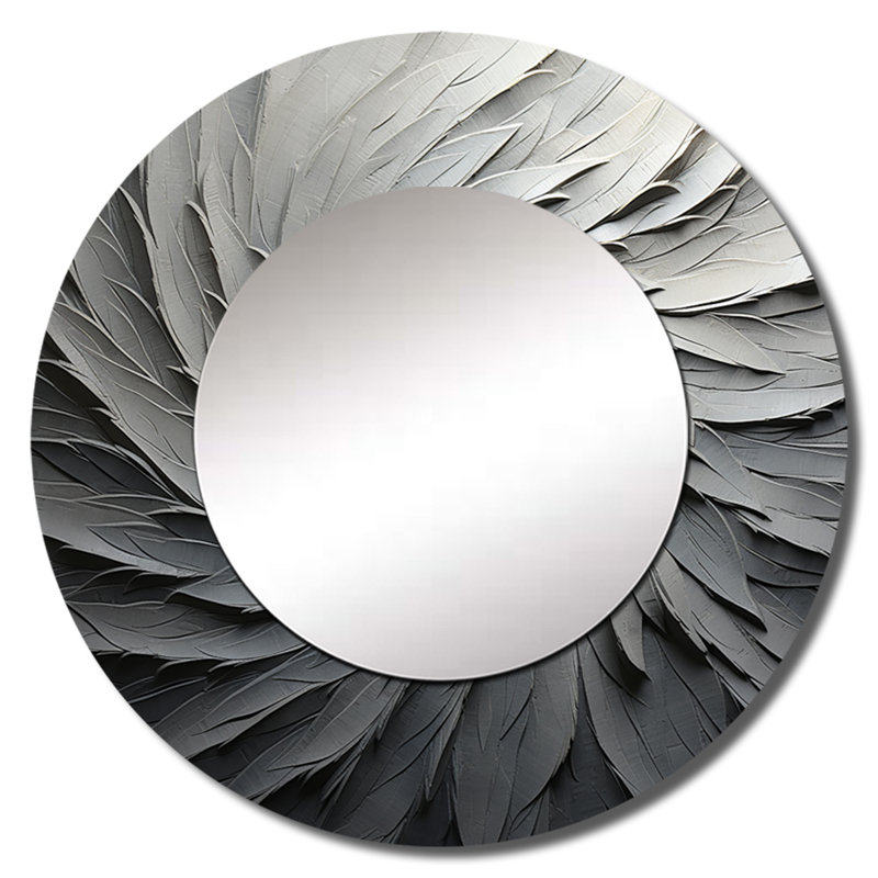 Savary gris beige mouvement méditatif II - abstrait spirales murales, miroir décoratif rond gris, impression sur métal