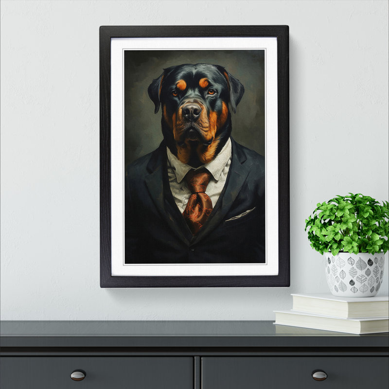Rottweiler In A Suit No.3 - Single Picture Frame Print on Wood, 64cm H x 46cm W x 2cm D, Black 