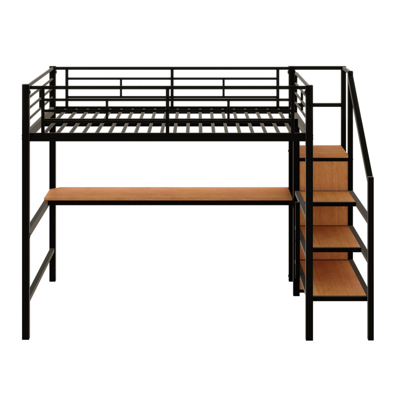 Aribella Full Size Metal Loft Bed With Desk, Storage Staircase And Small Wardrobe, Black