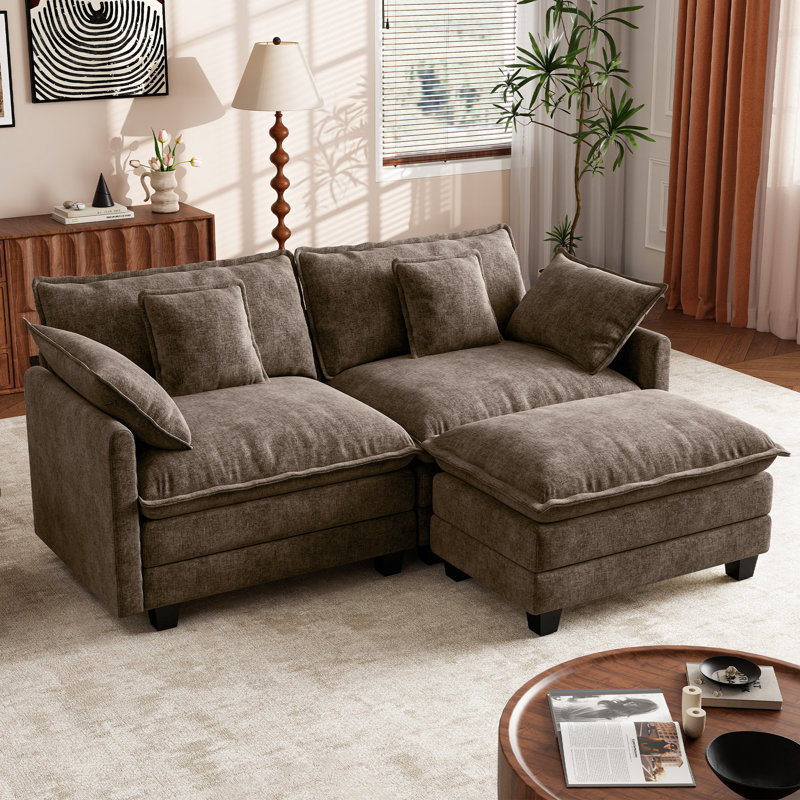 Maney 76.8" Upholstered Chenille L Shaped Sectional Loveseat Sofa with Ottoman, Brown