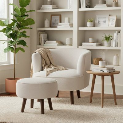 Modern Upholstered Armchair and Ottoman Set with Tapered Wood Legs, Ivory – Diana by Pipp & Liv