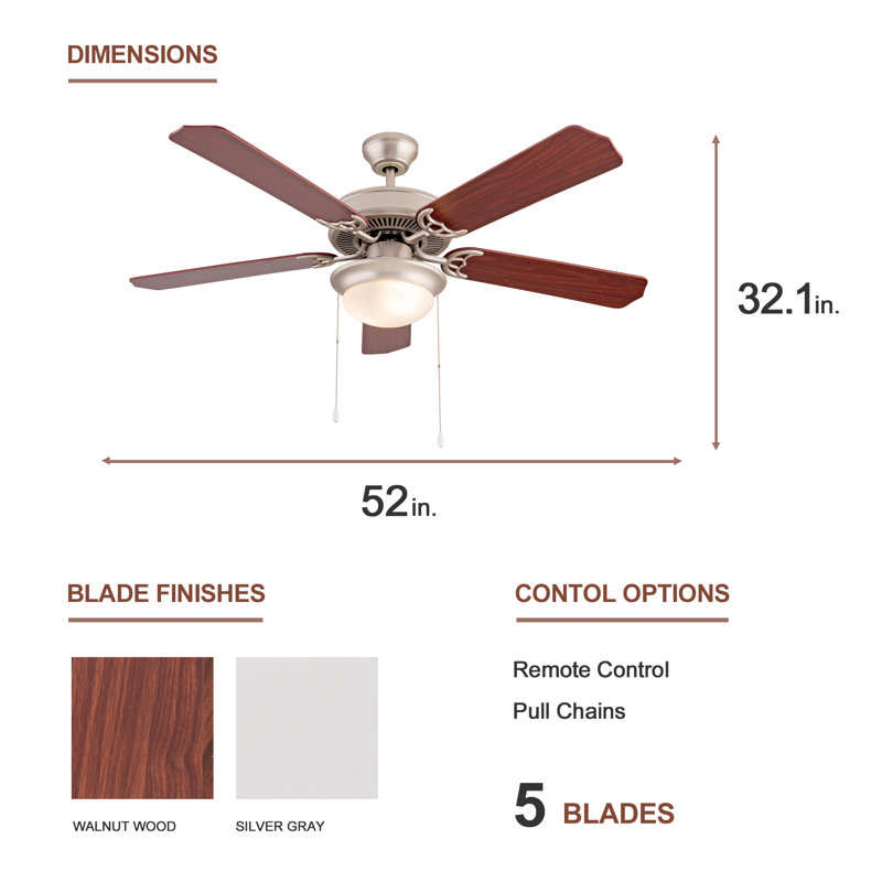 52" Ceiling Fan with Light Kit, Pull Chain and Remote Control