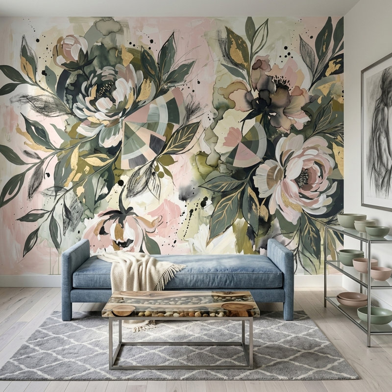 Décoration murale moderne à grande échelle avec aquarelle botanique amovible, 140 po x 108 po, Non-Woven Nonpasted